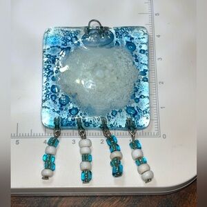 🌊 Artisan Blue Glass Pendant w/ Beaded Fringe | Fused Glass | Ocean-Inspired